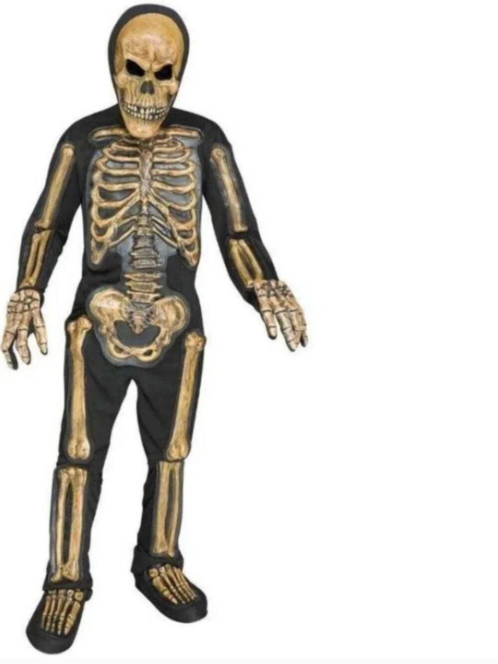 Skeleton Halloween Costume 8/10 Gold Skelebones 3-D Jumpsuit, Mask 6 Pc Boys